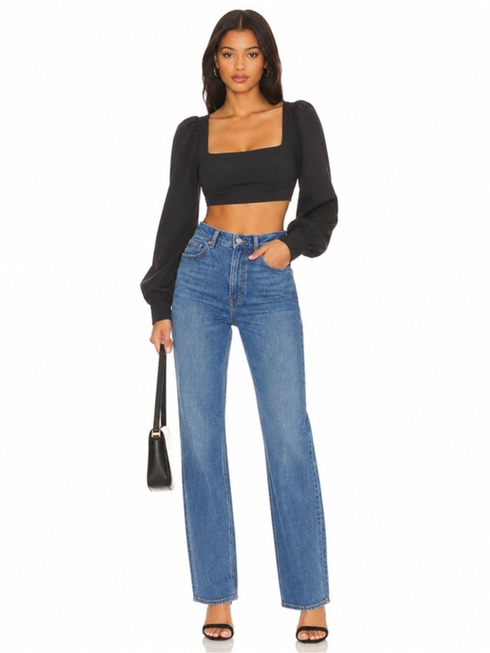 Naked Wardrobe Black Puff Sleeve Square Neck Crop Top NWT Statement Blouse Sz XL